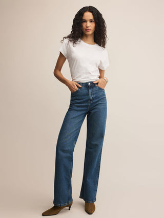 a classic white modern slub tee worn with blue jeans