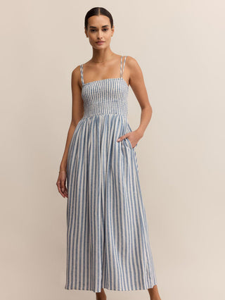 blue and white sleeveless square neck midi dress