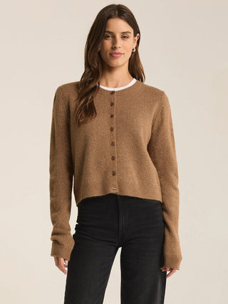 a soft brown button front cardigan sweater with a little sparkle