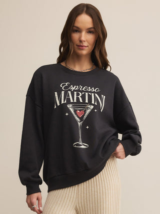 black crew neck sweatshirt with espresso martini graphic