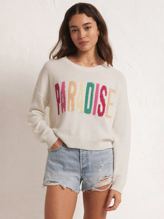 long sleeve mid weight white sweater with vibrant multicolored intarsia knit that reads paradise