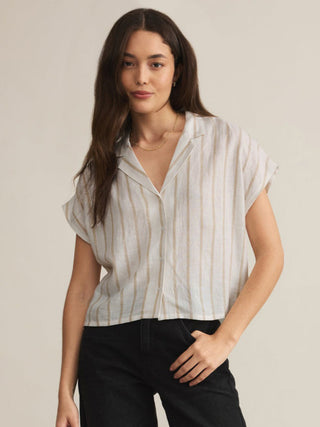 a parallel striped taupe short sleeve collared shirt