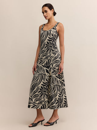 a breezy black and cream palm print midi dress worn with black sandals