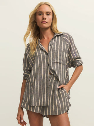 a soft linen faded black stripe button front top in a 2 piece matching set