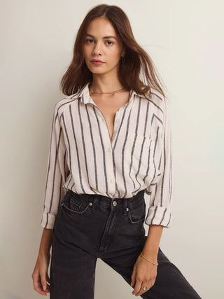 sophisticated cream and black striped button front shirt