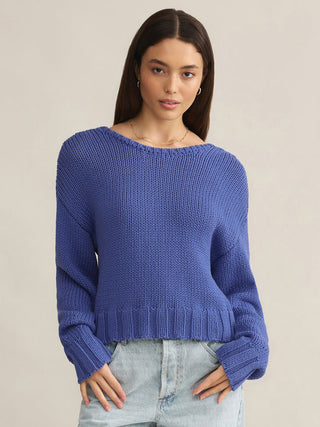 reversible periwinkle knit sweater with ribbed hems 