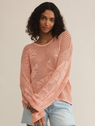 pink eyelet long sleeve sweater with floral details