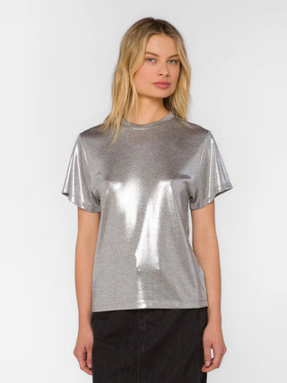 a shimmering metallic silver short sleeve crewneck top