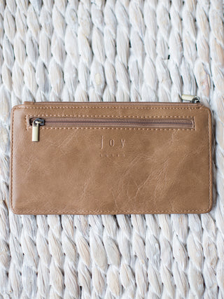 tan vegan leather wallet with cardholder exterior card pockets and zipper closure back