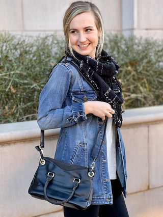 Casual Friday Bag - Black Adjustable crossbody strap included Exterior handles Zipper closure Two open exterior pockets suede trim Two open interior pockets One zipper interior pocket Bronze hardware Joy Susan L8093-00