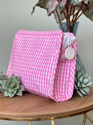 Checkmate Pouch Stash Bag - Small Pink Gingham travel pouch cosmetic bag clutch stain resistant grad gift roadie