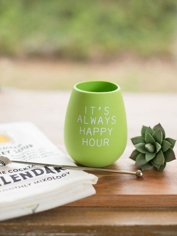 a bright green silicone wine tumbler that is reusable and shatterproof reads its always happy hour