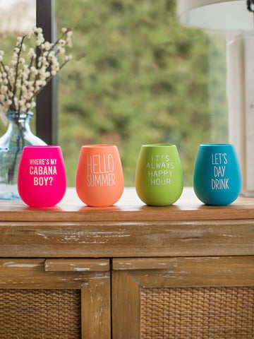 a collection of brightly colored silicone wine tumblers with witty text that are reusable and shatterproof