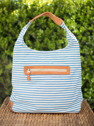 blue and white striped canvas bag in hobo silhouette with zip pocket and and removable inner bag