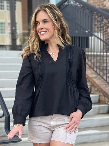 Breezy summer long sleeve split neck top with lace trim in semi sheer black and 100% cotton