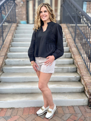 Breezy summer long sleeve split neck top with lace trim in semi sheer black and 100% cotton full outfit