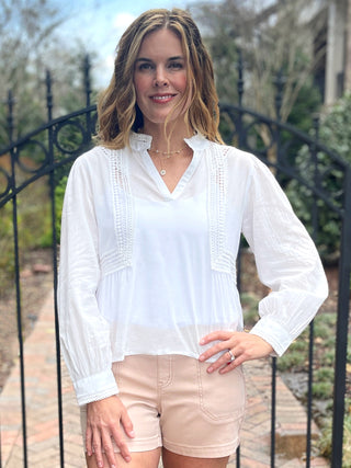 breezy summer long sleeve split neck top with lace trim in semi sheer white and 100% cotton