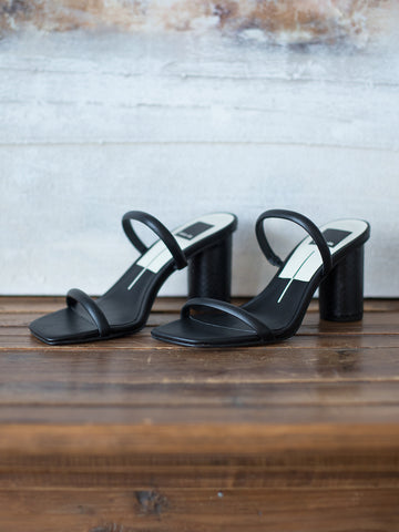 Strappy black summer sandal comfortable with two thin straps chunky block heel and square toe