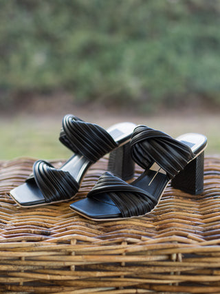 black sandal with wide twisted vamp straps embossed block heel and square toe