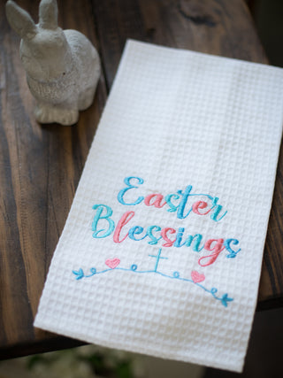 soft cotton white waffle weave hand towel with blue and pink appliqued design reads easter blessings