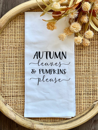 a white tea towel that reads autumn leaves and pumpkins please perfect for thanksgiving and halloween fall decor gifts