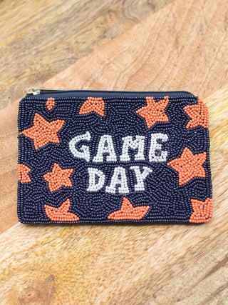 blue and orange game day seed bead coin purse with zip closure that holds cash and cards for auburn tigers war eagle football