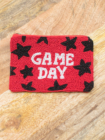 red and black game day seed bead coin purse with zip closure that holds cash and cards for uga bulldogs georgia football