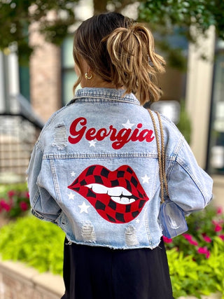 Georgia distressed denim jacket with checkered red and black lips on back