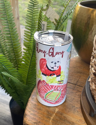 a university of georgia inspired skinny cooler koozie with watercolor images of uga the bulldog and the dawgs stadium