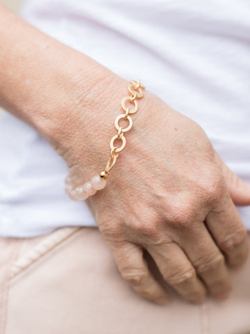 gold chain bracelet with rose quartz crystal beads