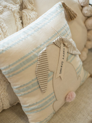 Happy Spring Bunny Striped Pillow - Blue Natural