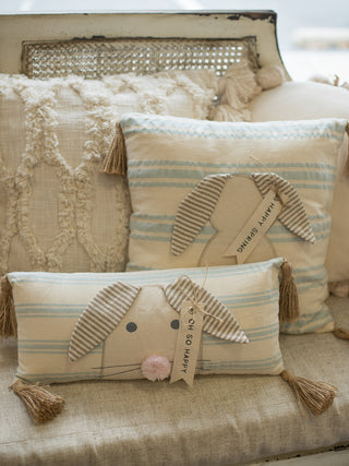 Happy Spring Bunny Striped Pillow - Blue Natural