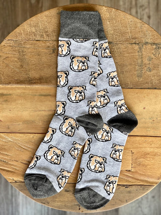 a pair of gray and white socks with a uga bulldogs pattern makes the perfect gift for your husband boyfriend or dad