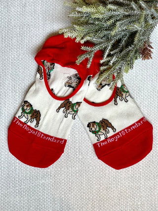 a pair of red and white no show christmas socks with uga bulldogs perfect as a holiday gift for university of georgia fans