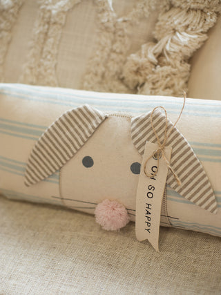 Oh So Happy Bunny Striped Pillow - Blue Natural