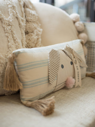 Oh So Happy Bunny Striped Pillow - Blue Natural