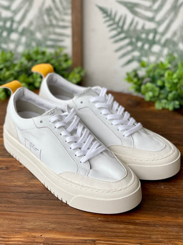 Oncept London Sneaker - White Cloud Soft calf leather upper Citrus orange heel tab Chrome free suede trim Leather sock Bio-density molded footbed Re-speckled bottoms 