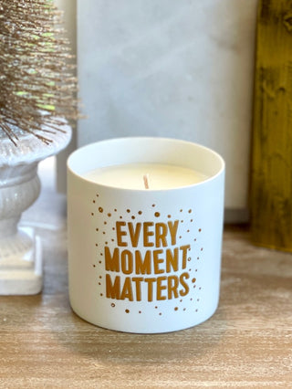 decorate your home with this fig scented candle in white porcelain that reads every moment matters or give as a hostess gift