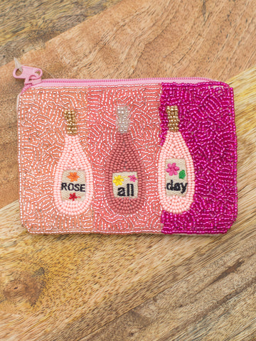 adorable pink rose all day seed and tube bead coin purse with zip closure for girls gift holds cash, cards bachelorette gift