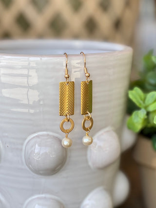 Shore Earrings - Pearl Herringbone textured rectangle Double dangle accent with gold circle and pearl charms Gold ear wire inspire designs ITE86-01