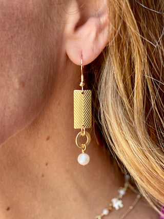 Shore Earrings - Pearl Herringbone textured rectangle Double dangle accent with gold circle and pearl charms Gold ear wire inspire designs ITE86-01