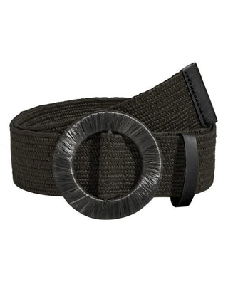 rust color woven straw belt with round buckle adds bohemian edge to dress or pants