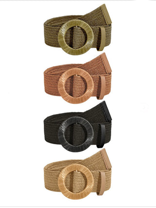 woven straw belts in earthy colors with round buckle adds bohemian edge to dress or pants
