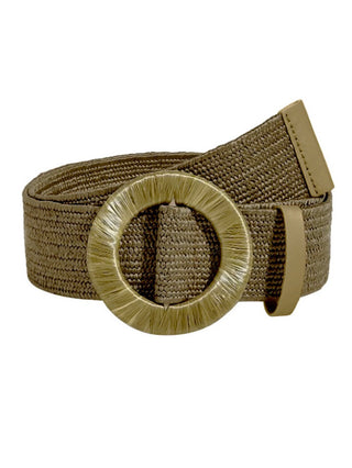 olive green woven straw belt with round buckle adds bohemian edge to dress or pants