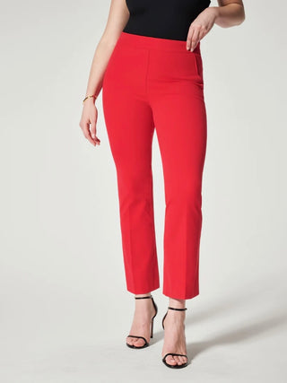 true red pull-on ankle length pants with elastic waistband of bi-stretch cotton with smoothing tummy flared leg and pockets