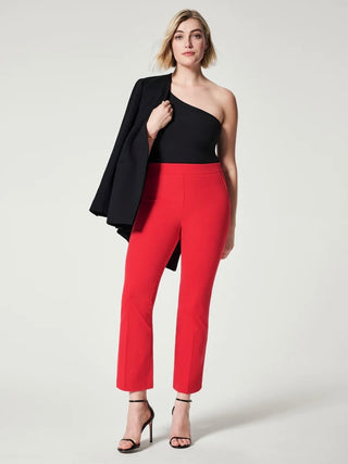 true red pull-on ankle length pants with elastic waistband of bi-stretch cotton with smoothing tummy flared leg and pockets with stilettos