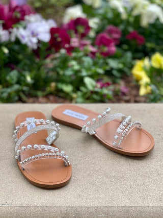 sparkly slip on flat vegan leather sandals with clear vinyl straps and rhinestone crystals detail round open toe for wedding