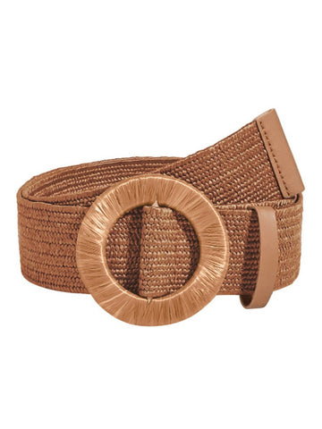rust color woven straw belt with round buckle adds bohemian edge to dress or pants