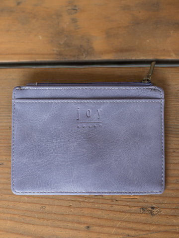 mini purple vegan leather wallet with cardholder exterior card pockets and zipper closure back