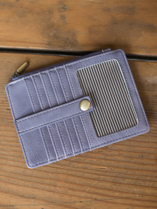 mini purple vegan leather wallet with cardholder exterior card pockets and zipper closure